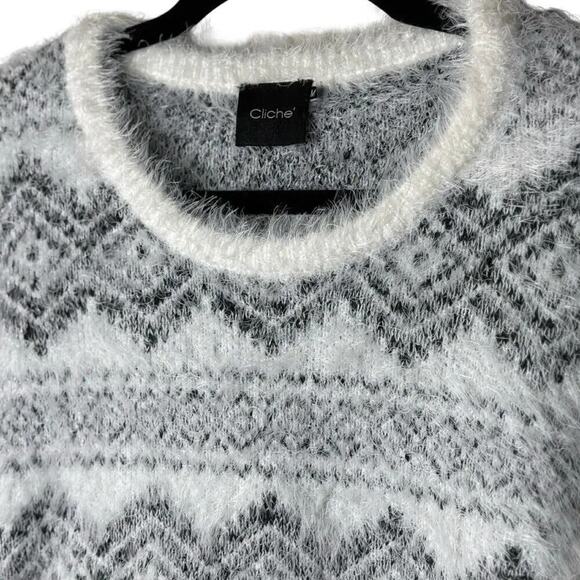 Cliché Fair Isle Fuzzy Eyelash Knit Sweater Soft Cozy Pullover Womens Size M - Picture 4 of 10